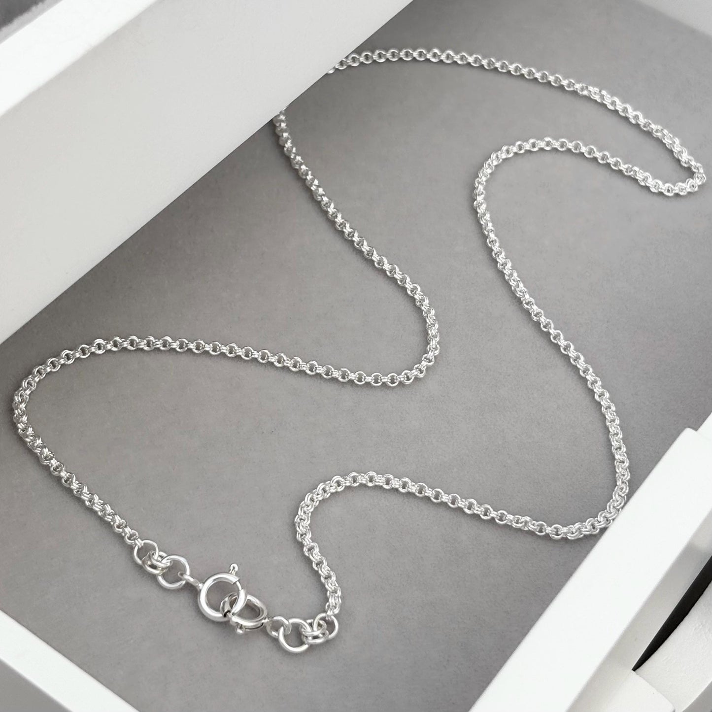 Oxidised or polished sterling silver 2.2mm wide double link belcher chain with two bolt rings