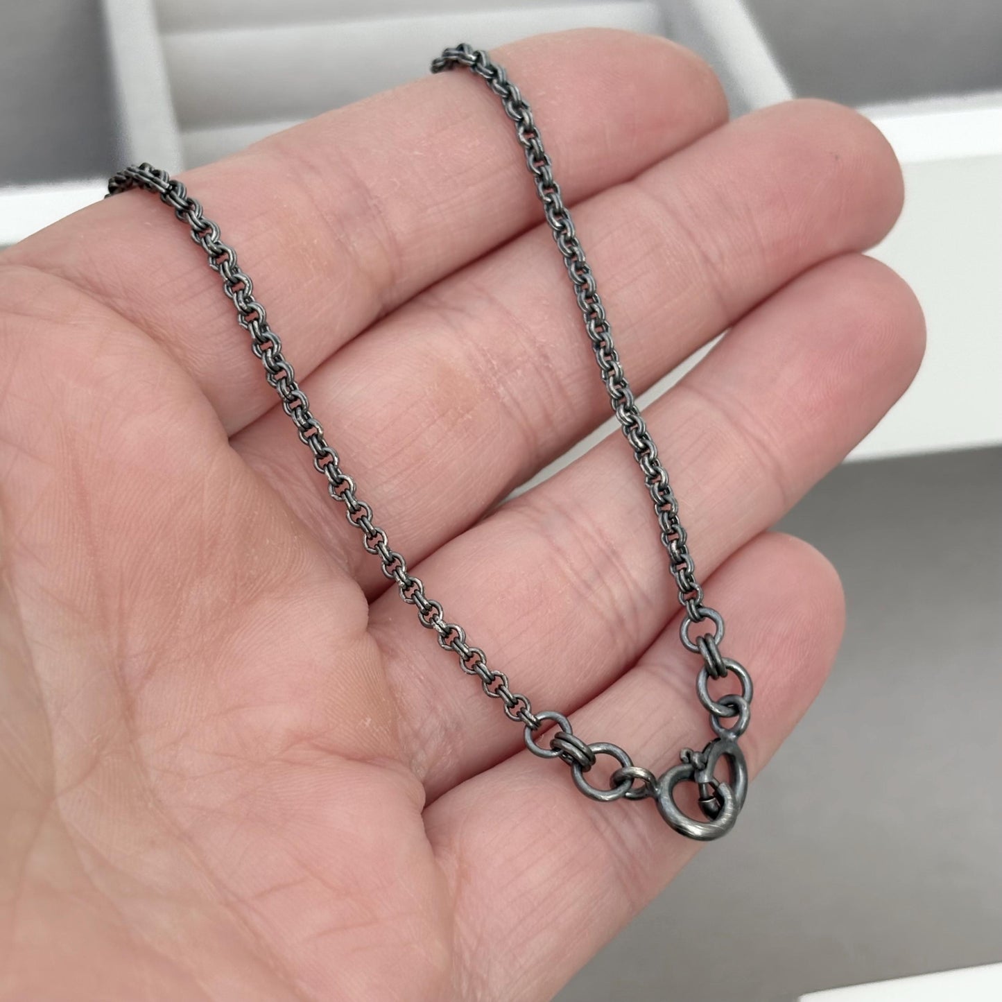Oxidised or polished sterling silver 2.2mm wide double link belcher chain with two bolt rings