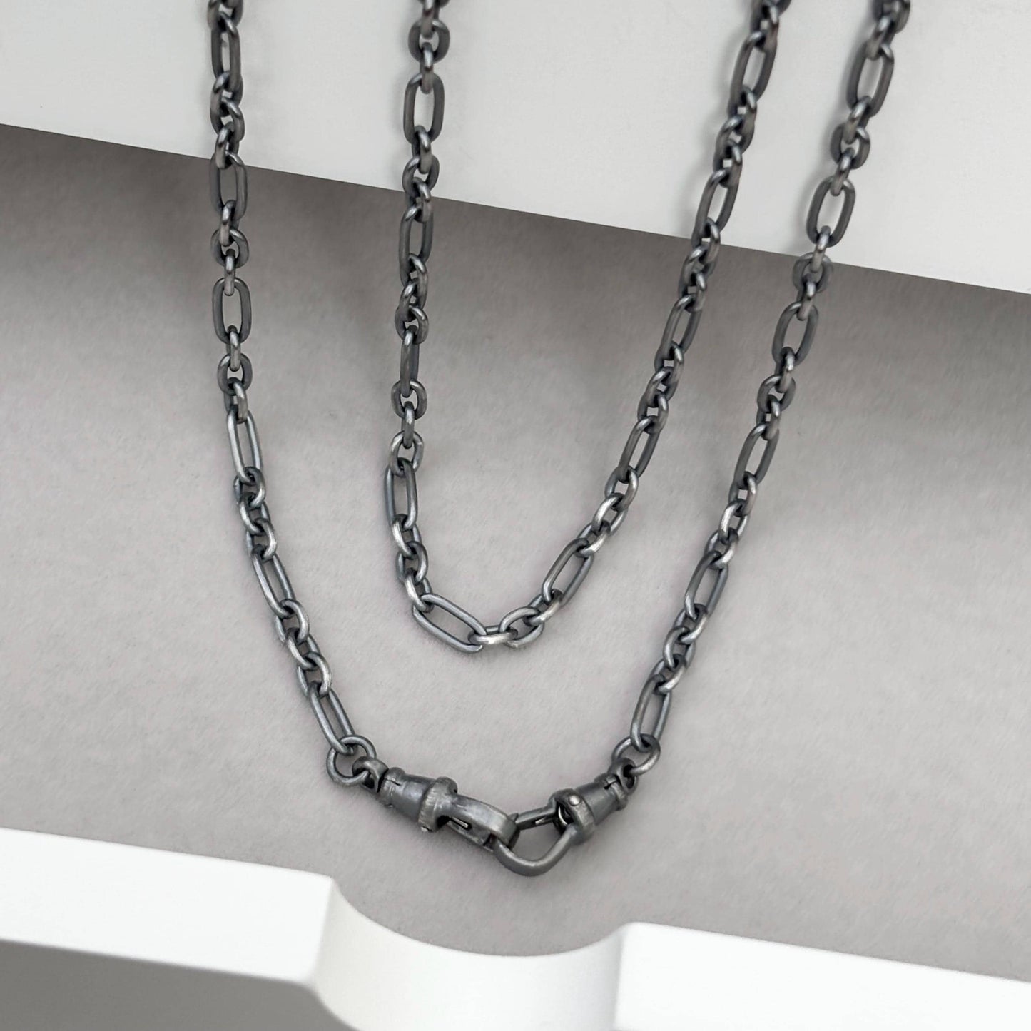 Oxidised or polished sterling silver fetter link chain with two Albert swivel clasps