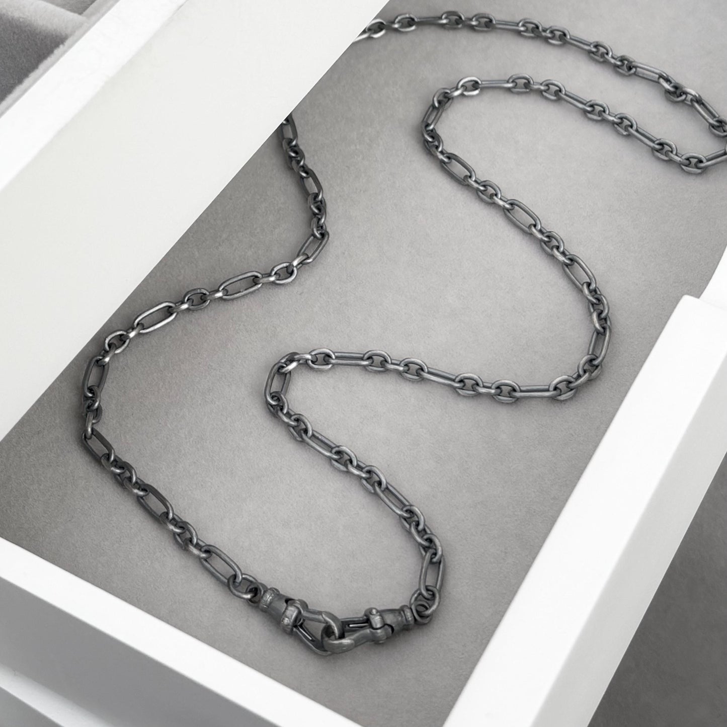 Oxidised or polished sterling silver fetter link chain with two Albert swivel clasps