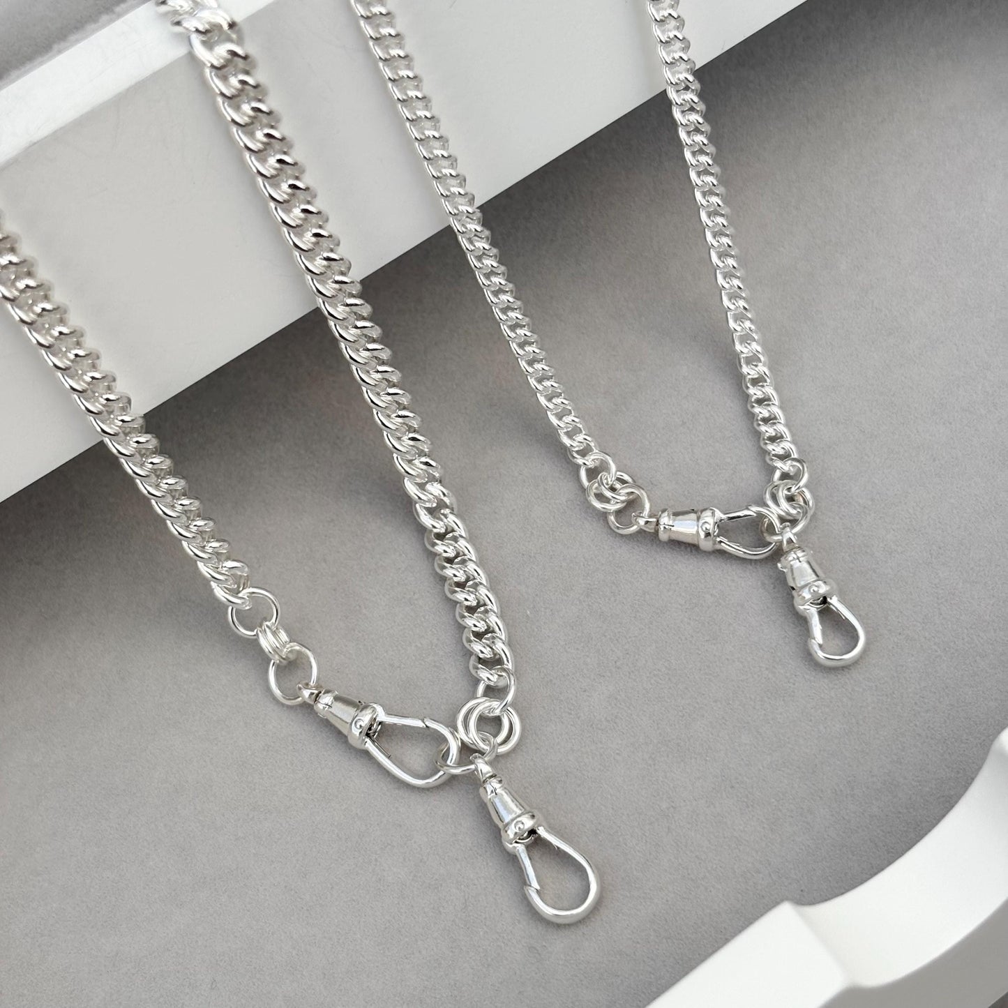 Oxidised or polished sterling silver rounded curb chain with two Albert swivel clasps