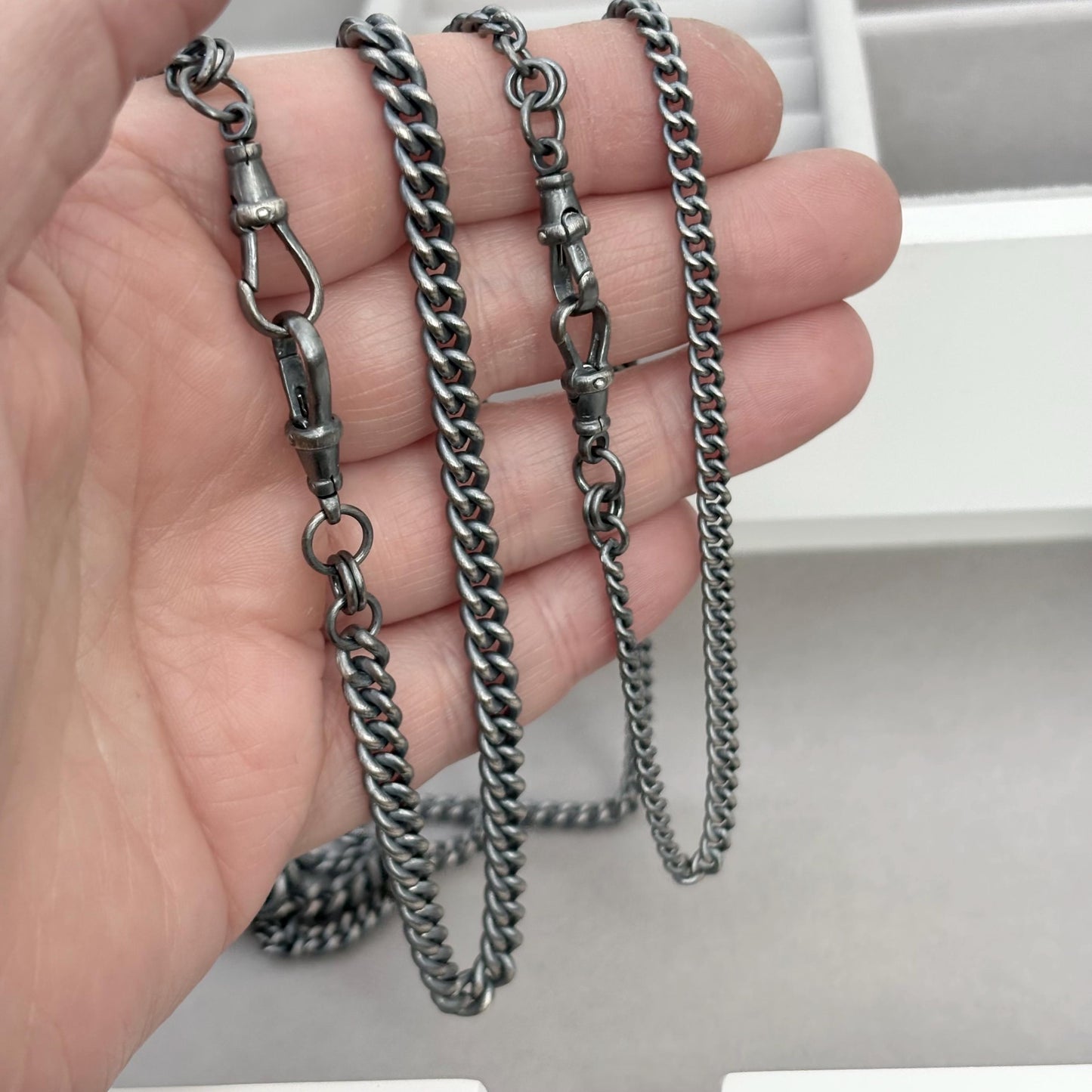 Oxidised or polished sterling silver rounded curb chain with two Albert swivel clasps