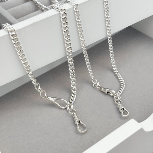 Oxidised or polished sterling silver rounded curb chain with two Albert swivel clasps