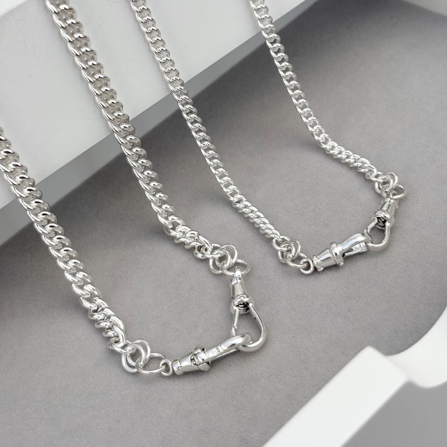 Oxidised or polished sterling silver rounded curb chain with two Albert swivel clasps