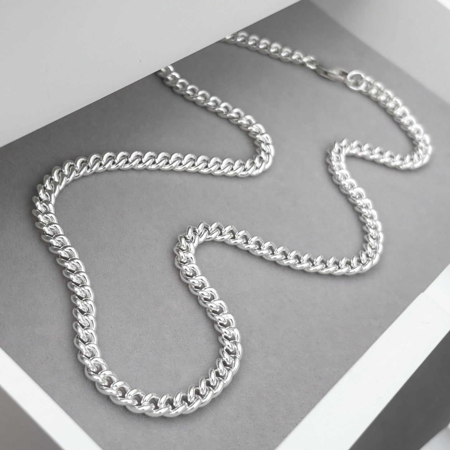 Oxidised or polished sterling silver rounded curb chain
