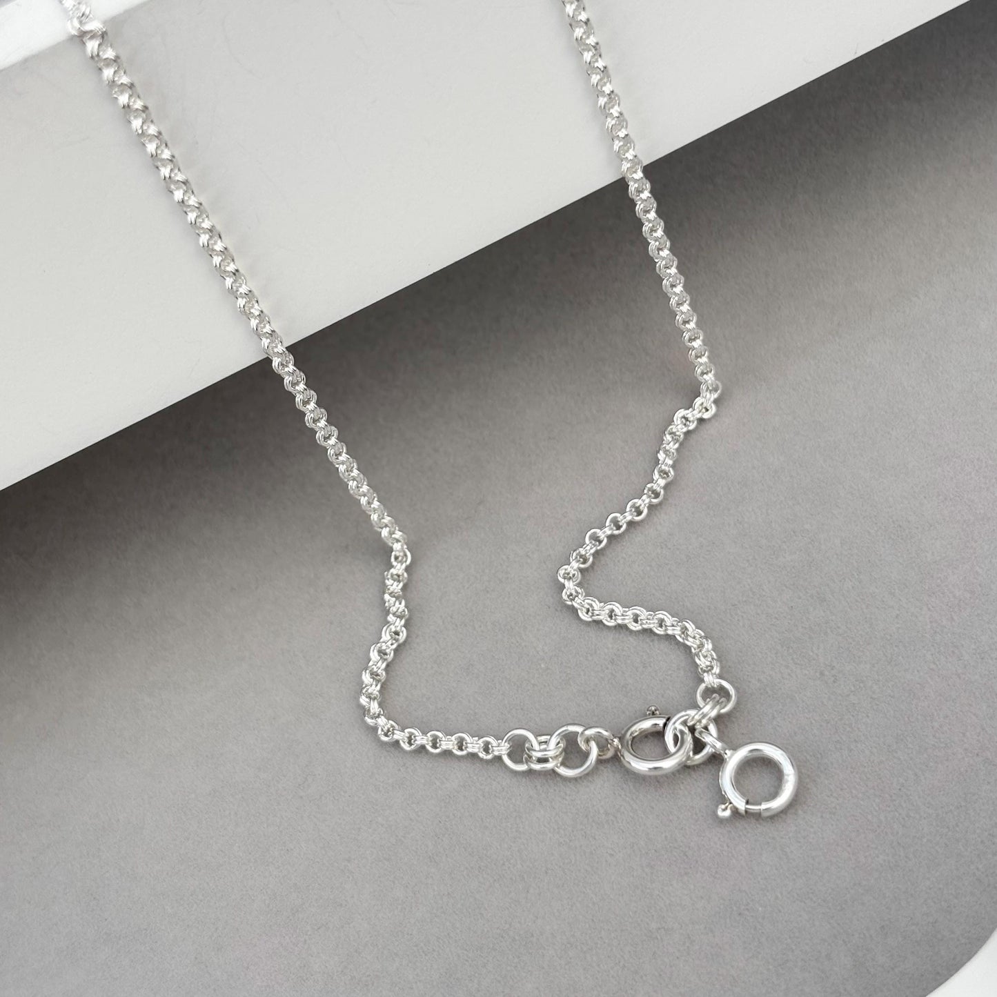 Oxidised or polished sterling silver 2.2mm wide double link belcher chain with two bolt rings