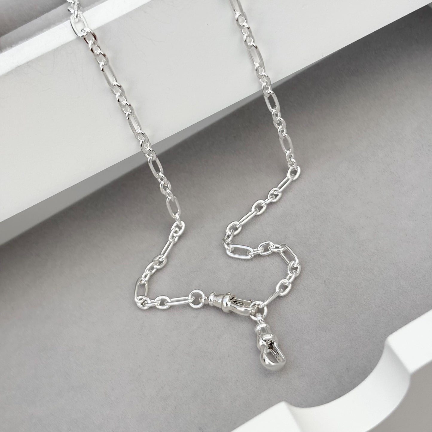 Oxidised or polished sterling silver fetter link chain with two Albert swivel clasps