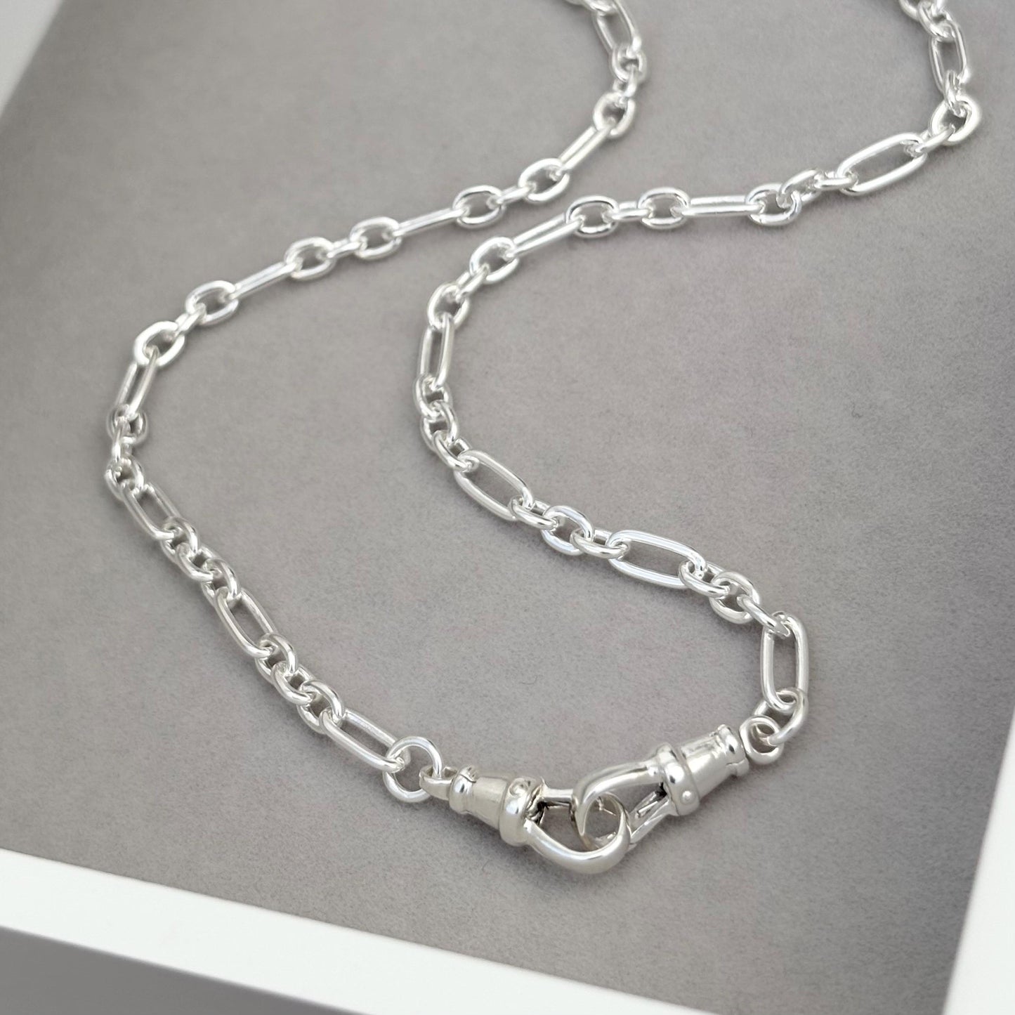 Oxidised or polished sterling silver fetter link chain with two Albert swivel clasps