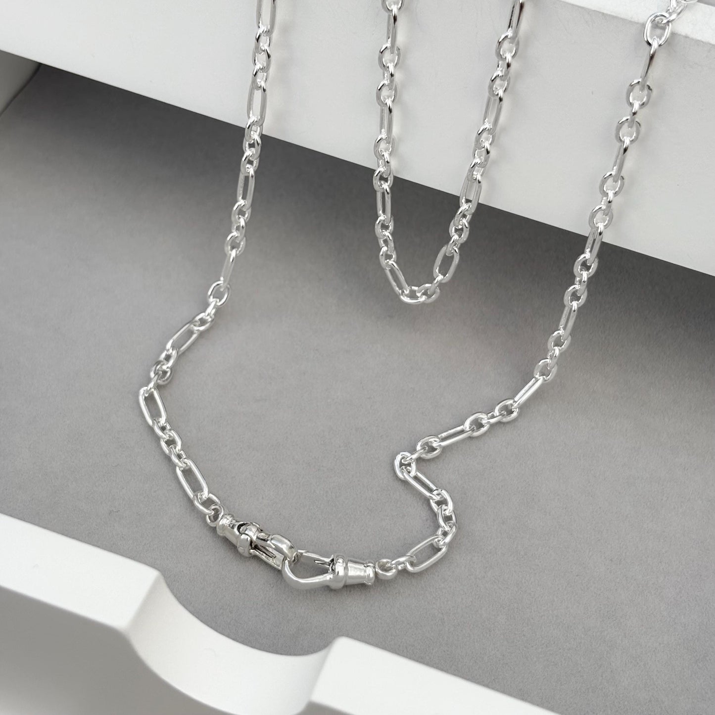 Oxidised or polished sterling silver fetter link chain with two Albert swivel clasps
