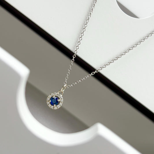 Handmade 9ct white gold sapphire diamond halo pendant necklace