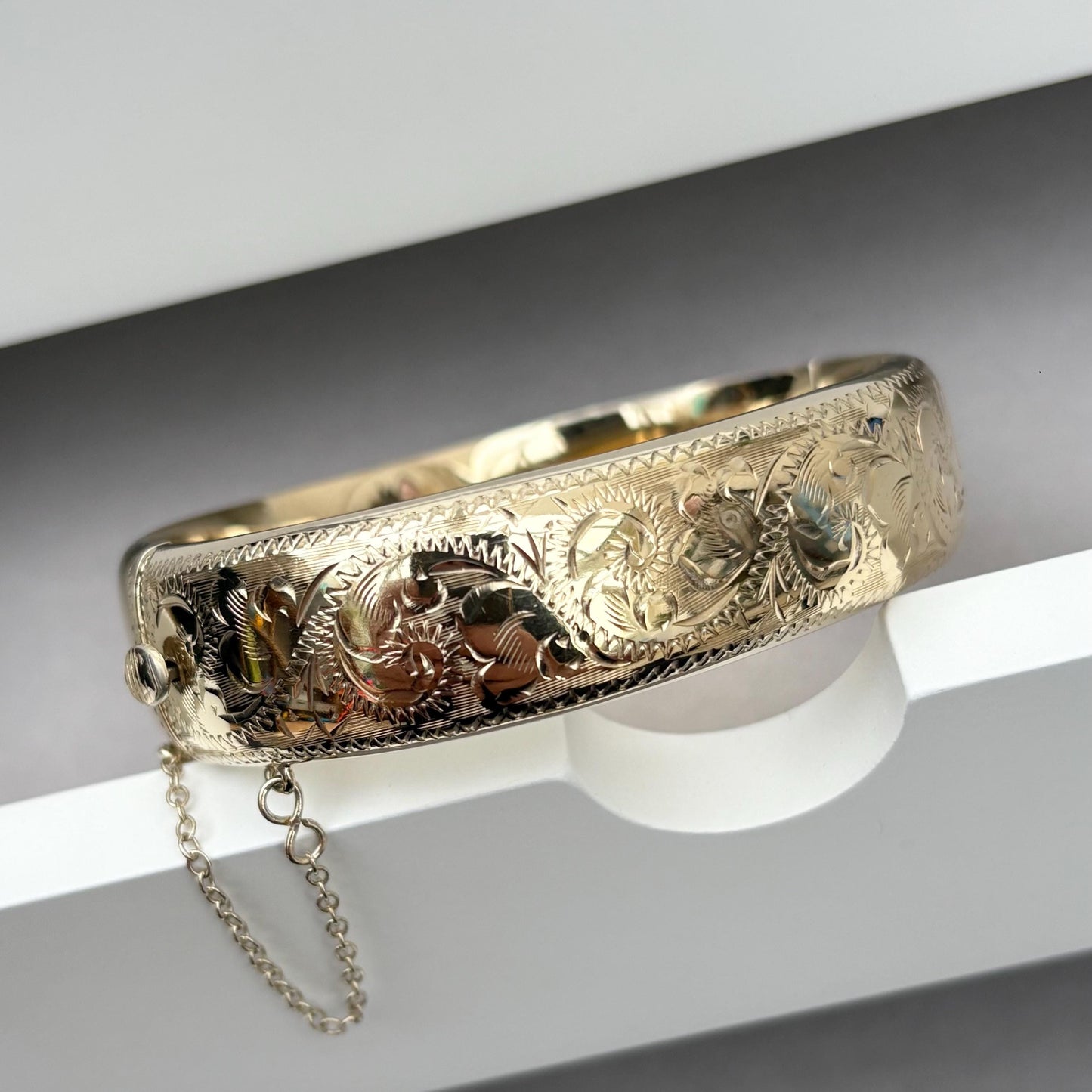 Vintage 1960s gilt sterling silver hand engraved cuff bangle