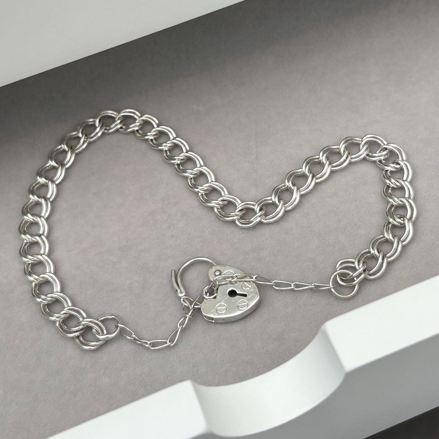 Vintage sterling silver heart padlock double curb charm chain bracelet