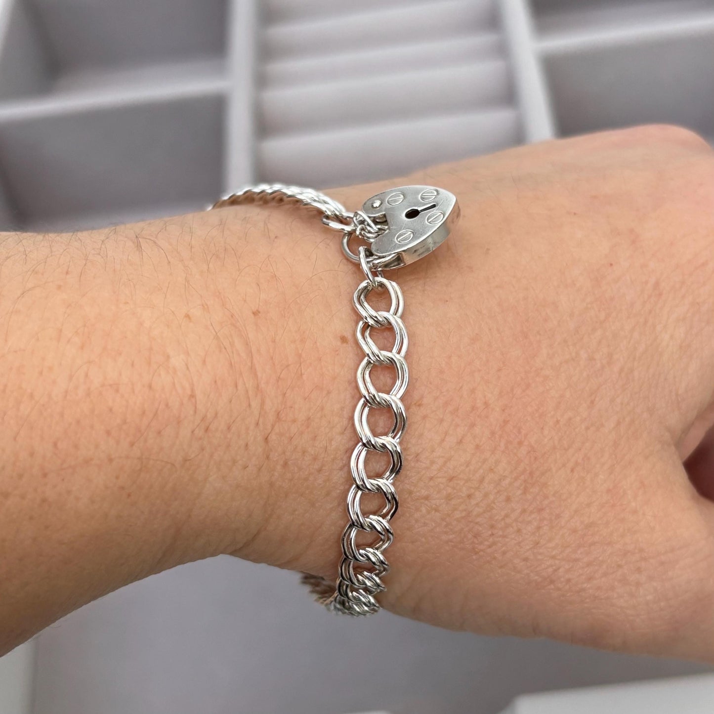 Vintage sterling silver heart padlock double curb charm chain bracelet