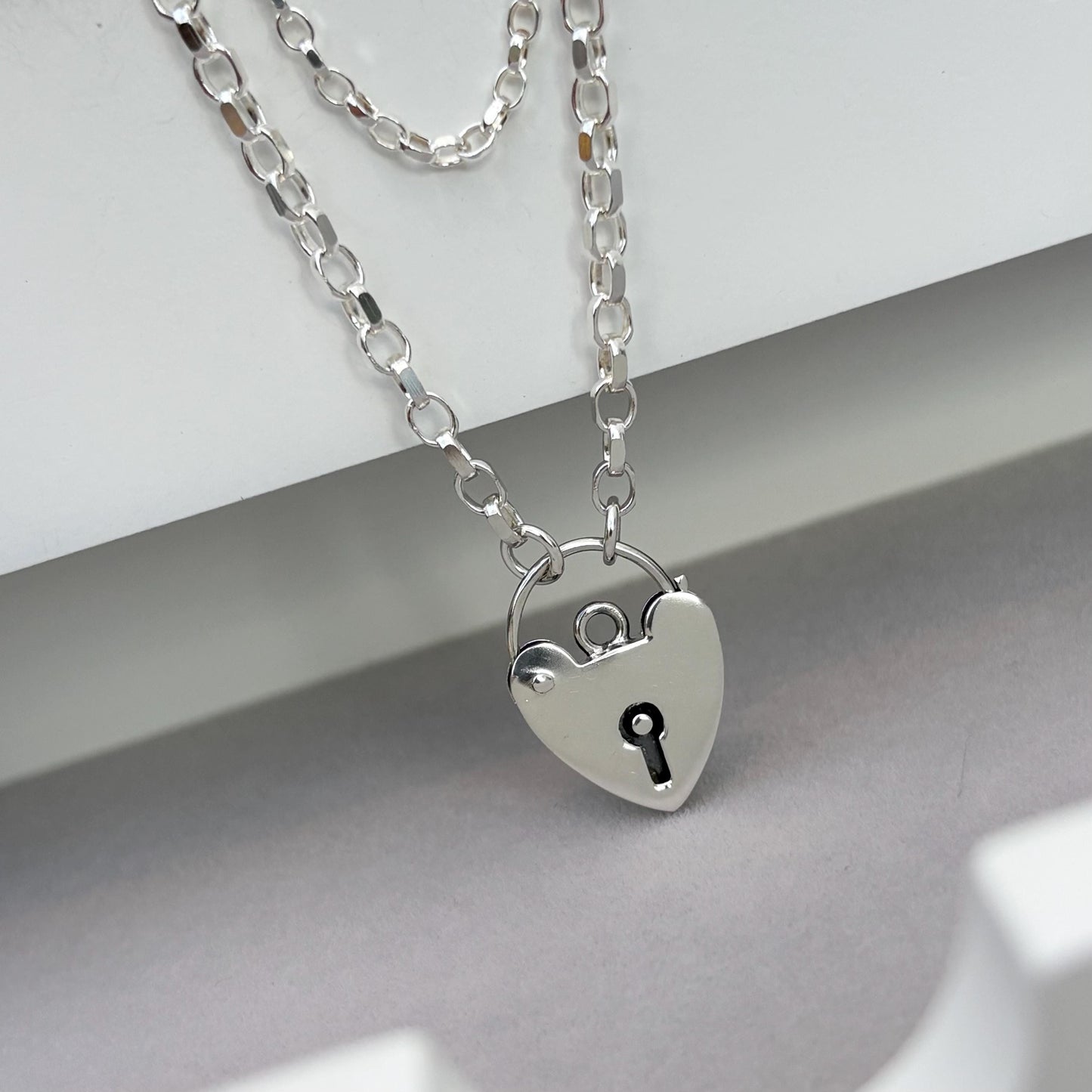 Vintage sterling silver heart padlock charm chain necklace