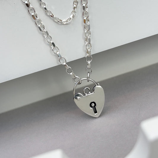Vintage sterling silver heart padlock charm chain necklace