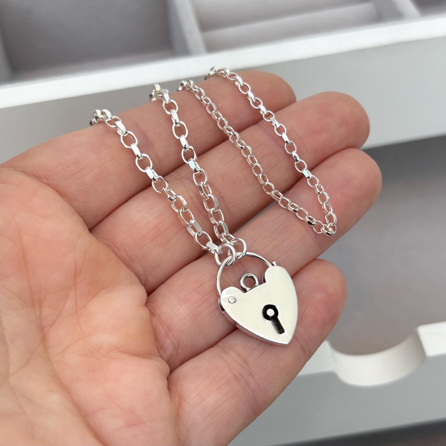 Vintage sterling silver heart padlock charm chain necklace