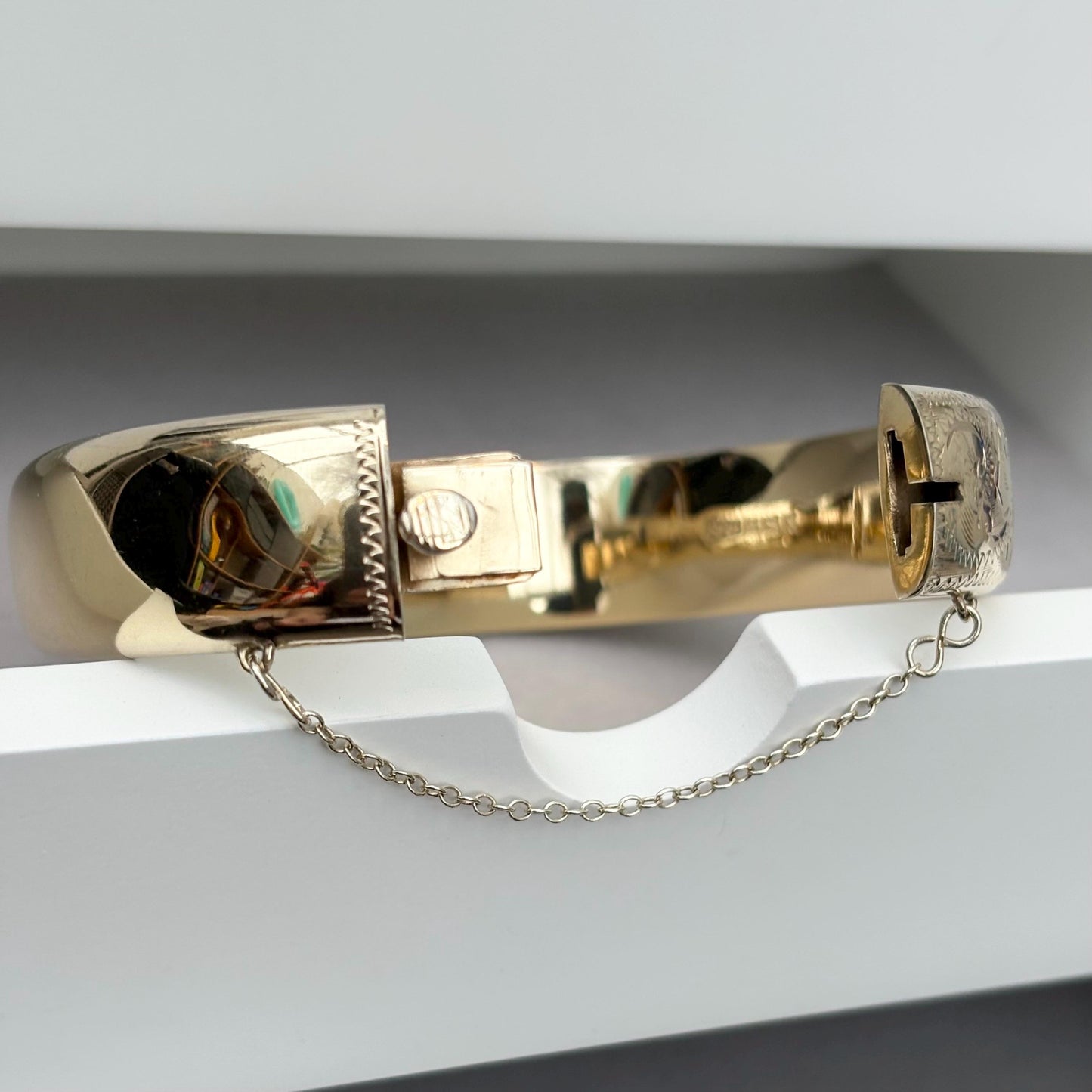 Vintage 1960s gilt sterling silver hand engraved cuff bangle