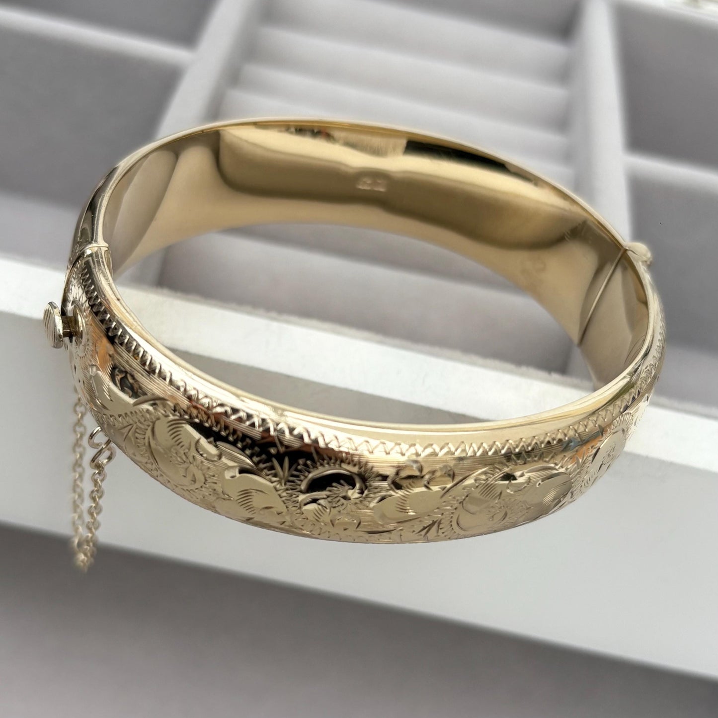 Vintage 1960s gilt sterling silver hand engraved cuff bangle