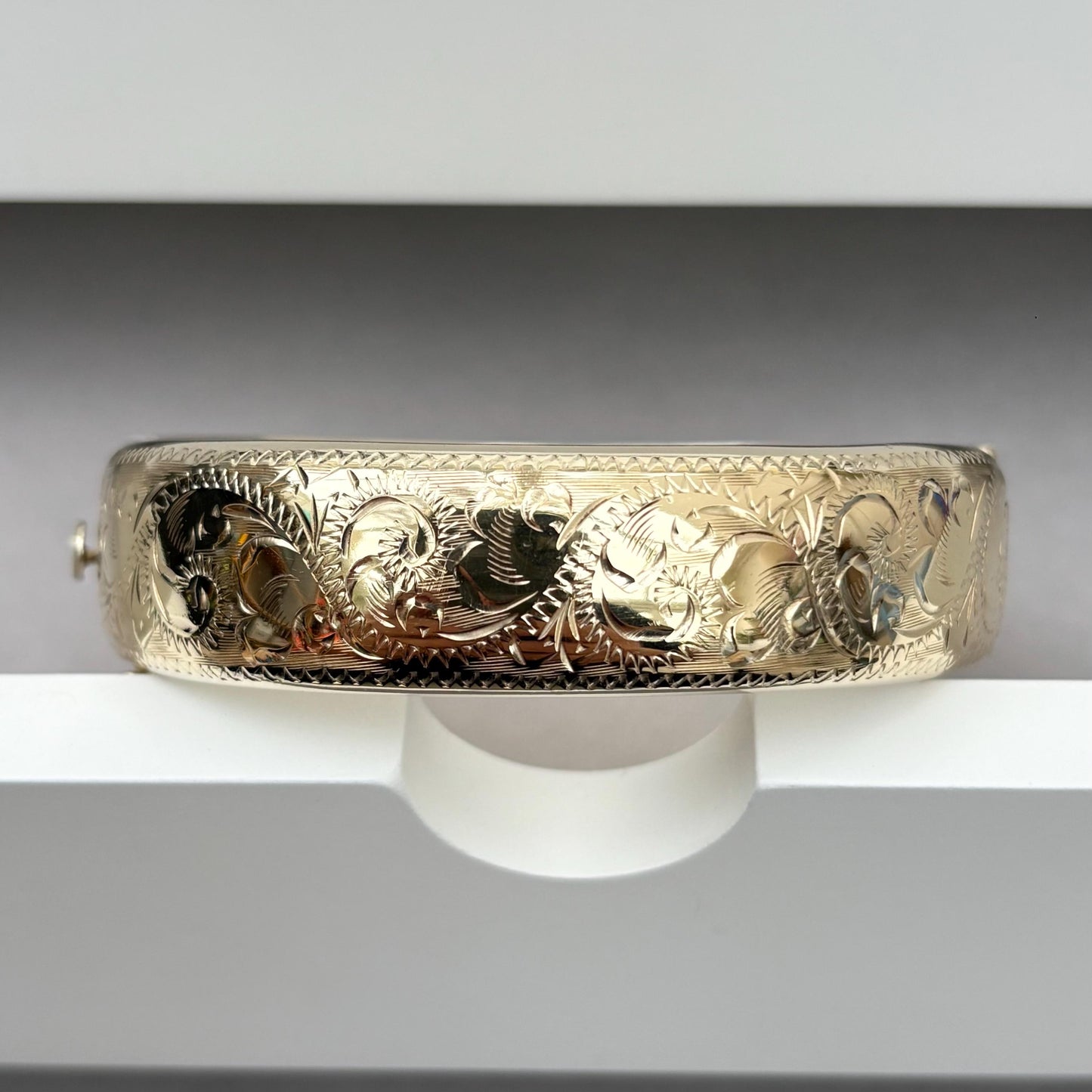 Vintage 1960s gilt sterling silver hand engraved cuff bangle