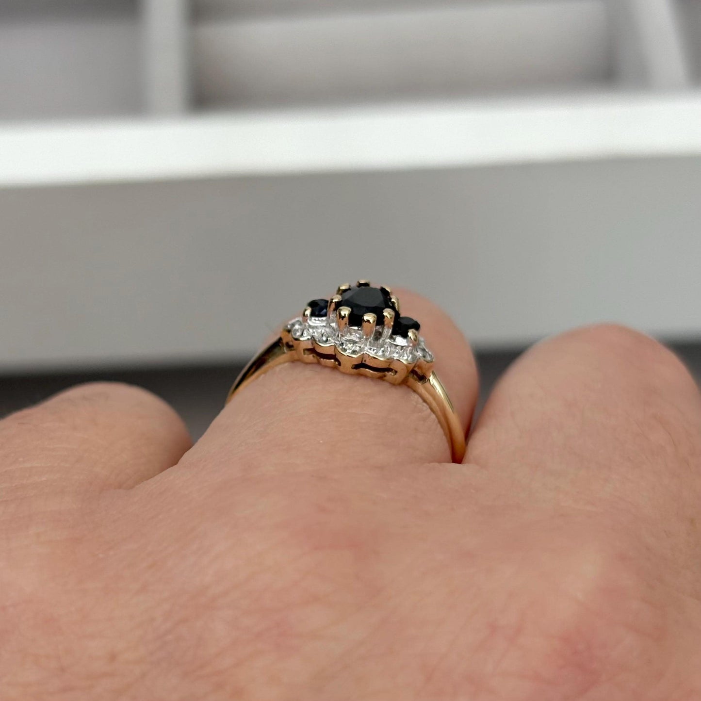 Vintage 9ct yellow gold black sapphire diamond trilogy ring