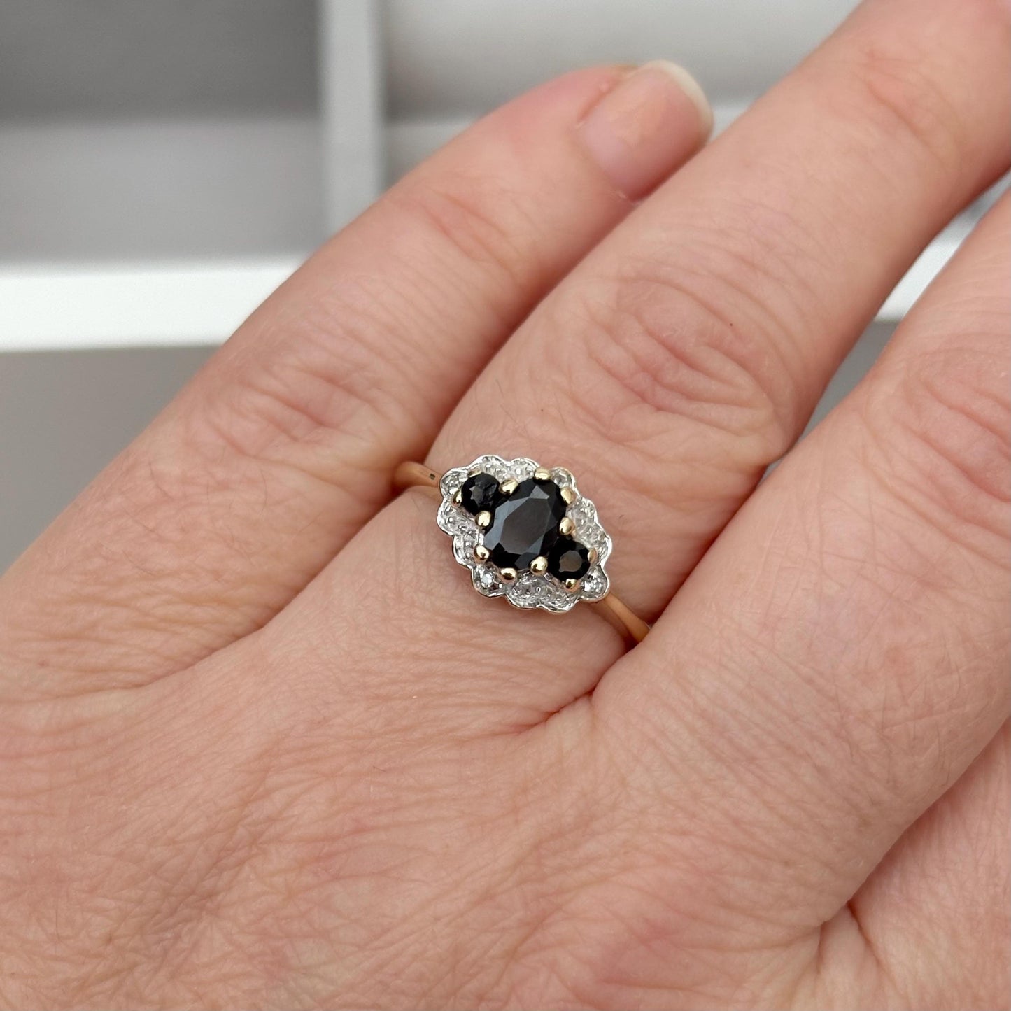 Vintage 9ct yellow gold black sapphire diamond trilogy ring