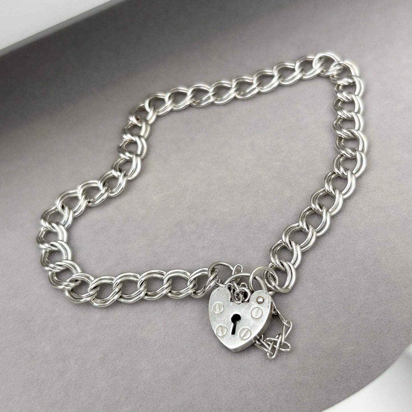 Vintage sterling silver heart padlock double curb charm chain bracelet