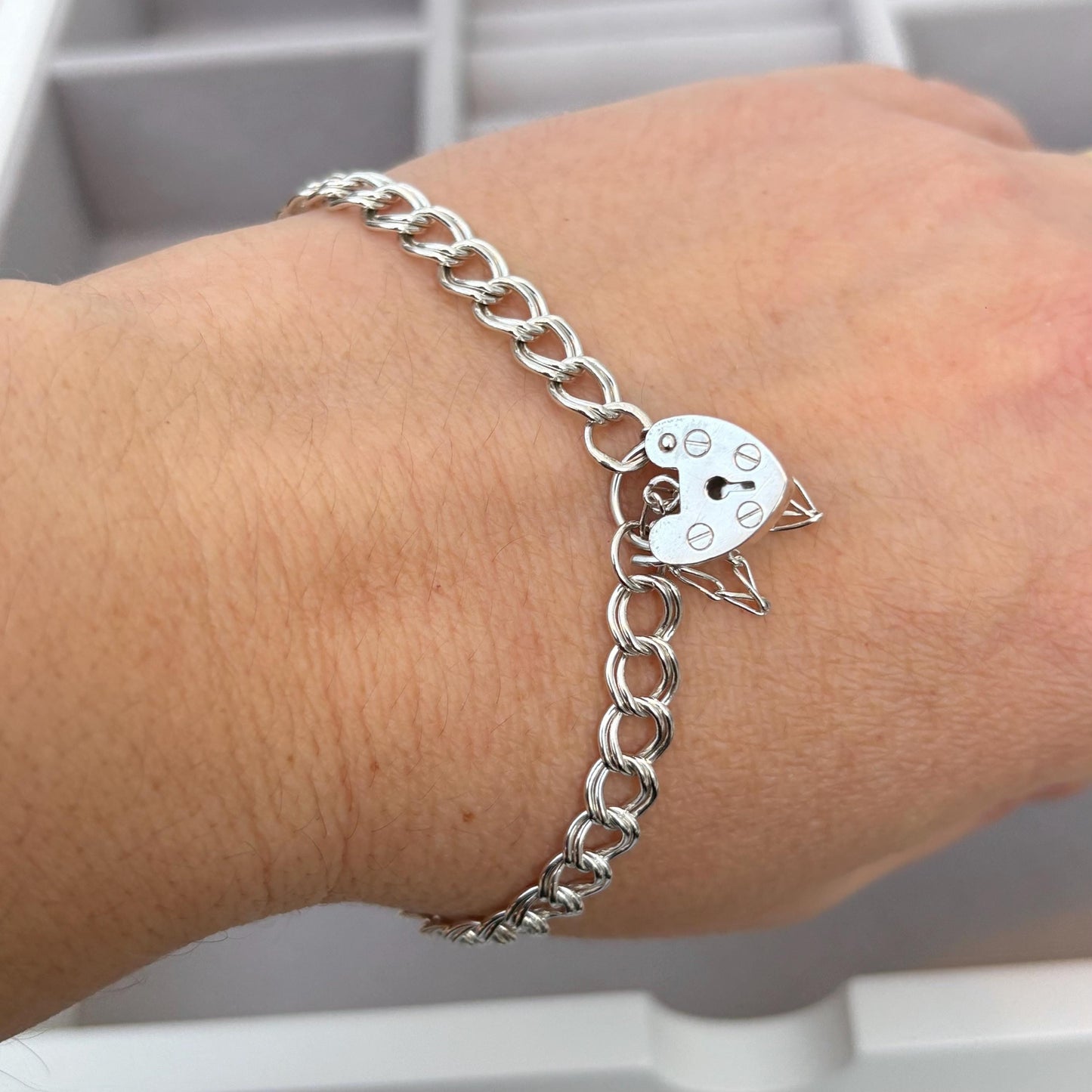Vintage sterling silver heart padlock double curb charm chain bracelet