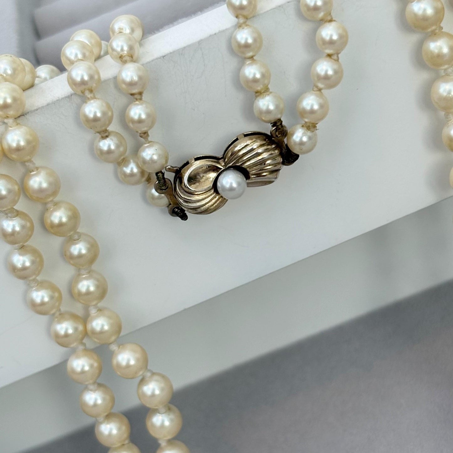 Vintage Czech white pearl double strand 16” necklace with gilt silver clasp