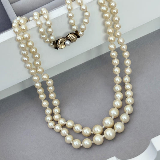 Vintage Czech white pearl double strand 16” necklace with gilt silver clasp