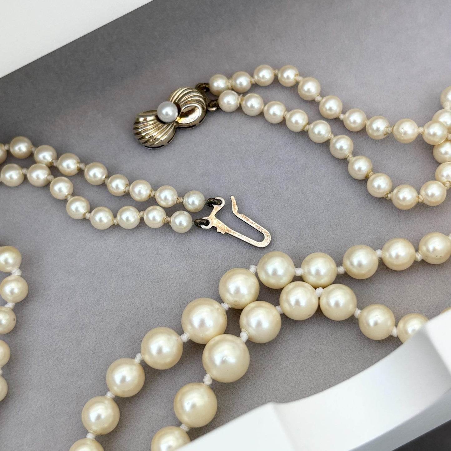Vintage Czech white pearl double strand 16” necklace with gilt silver clasp
