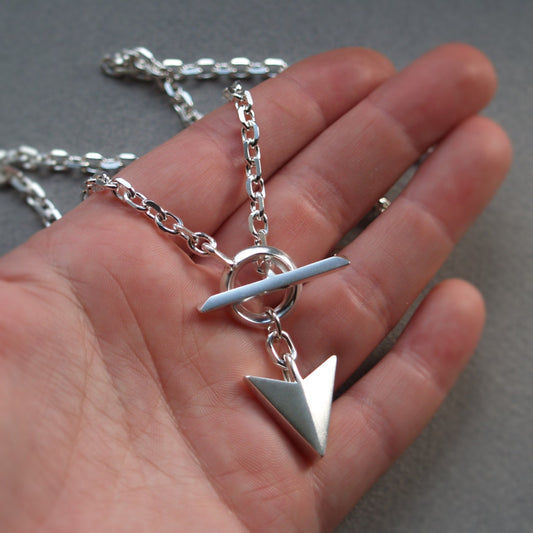 Oxidised or polished solid silver large arrow pendant and 4.2mm wire diamond cut trace chain unique T-bar design