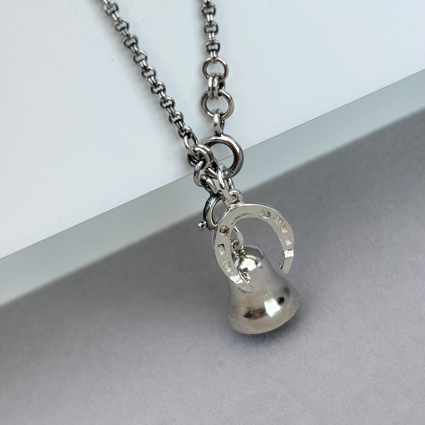 Vintage Silver Bell and Horse Shoe Charms Chain Necklace