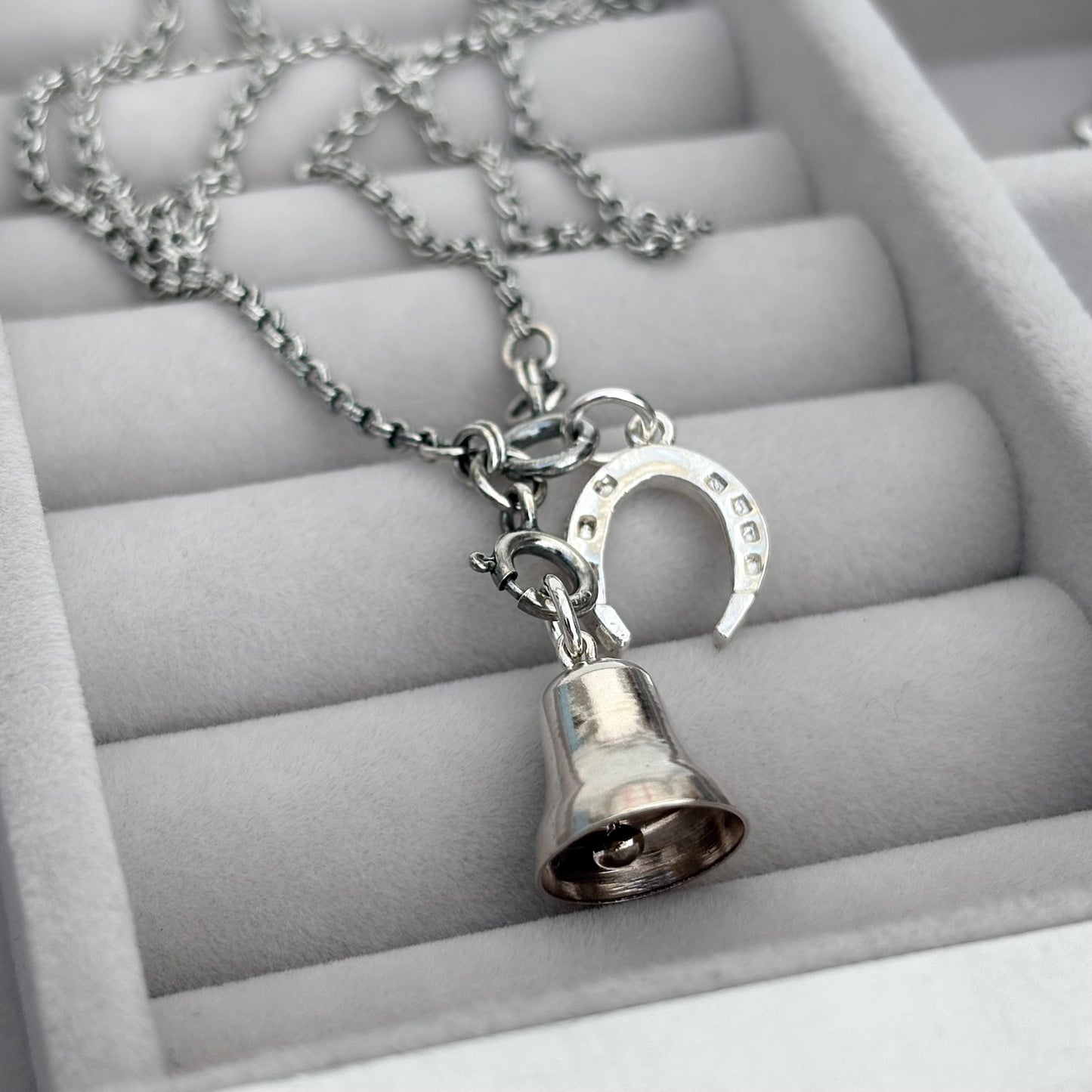 Vintage Silver Bell and Horse Shoe Charms Chain Necklace