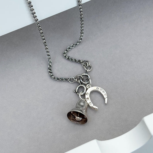 Vintage Silver Bell and Horse Shoe Charms Chain Necklace