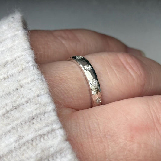Handmade solid sterling silver tiny flower set detail diamond ring
