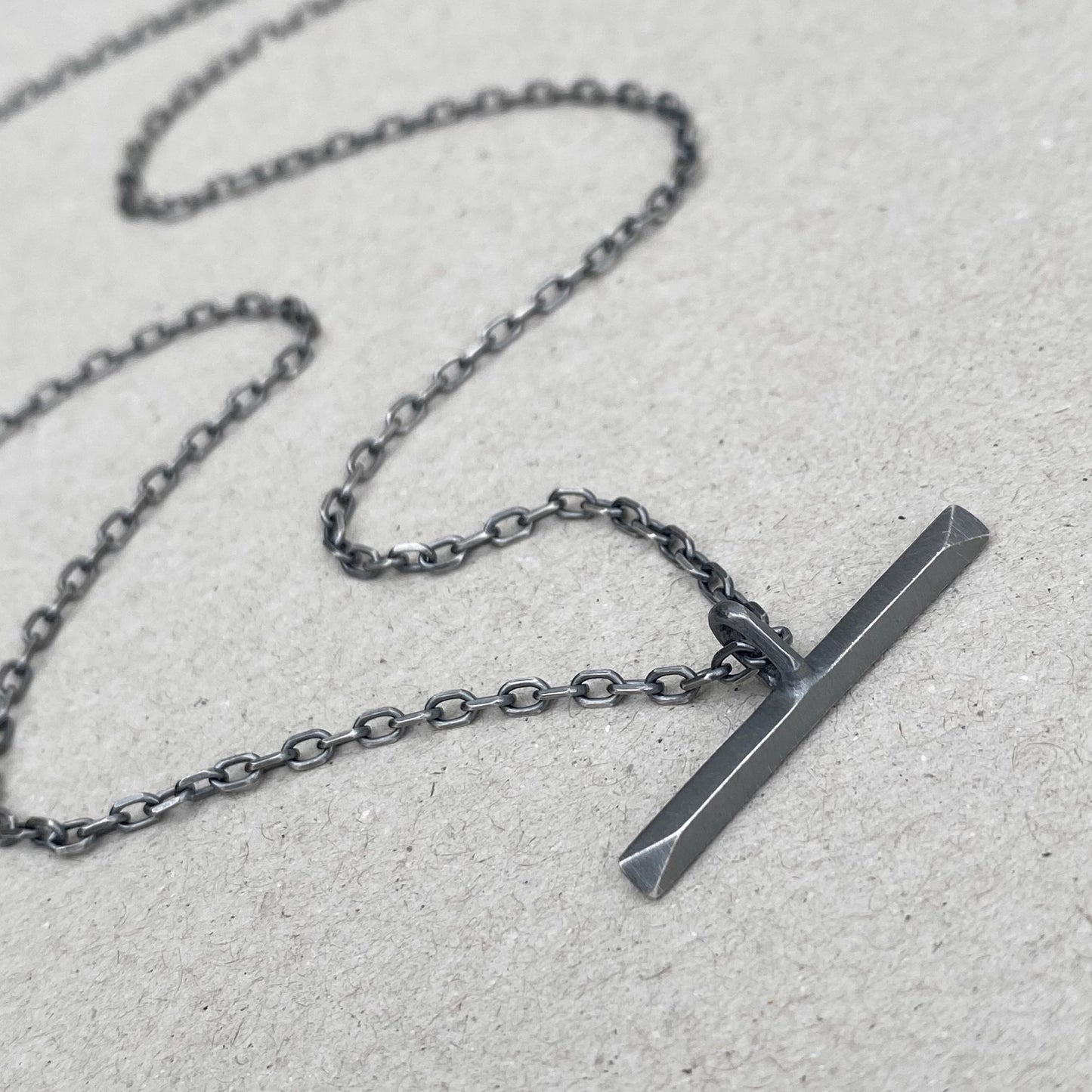 New listing - Oxidised or polished solid sterling silver unique T-bar design pendant on a diamond cut trace chain