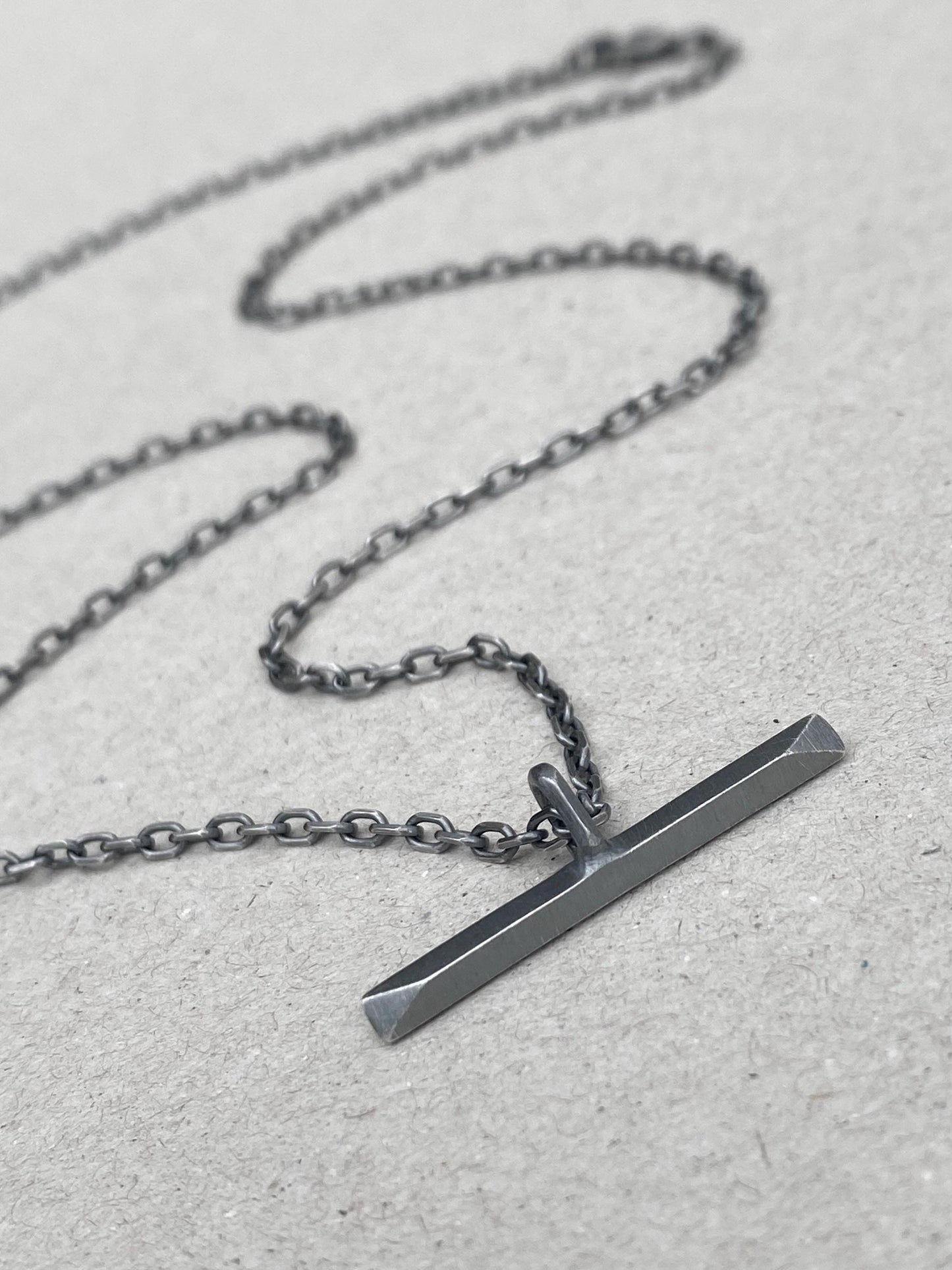 New listing - Oxidised or polished solid sterling silver unique T-bar design pendant on a diamond cut trace chain