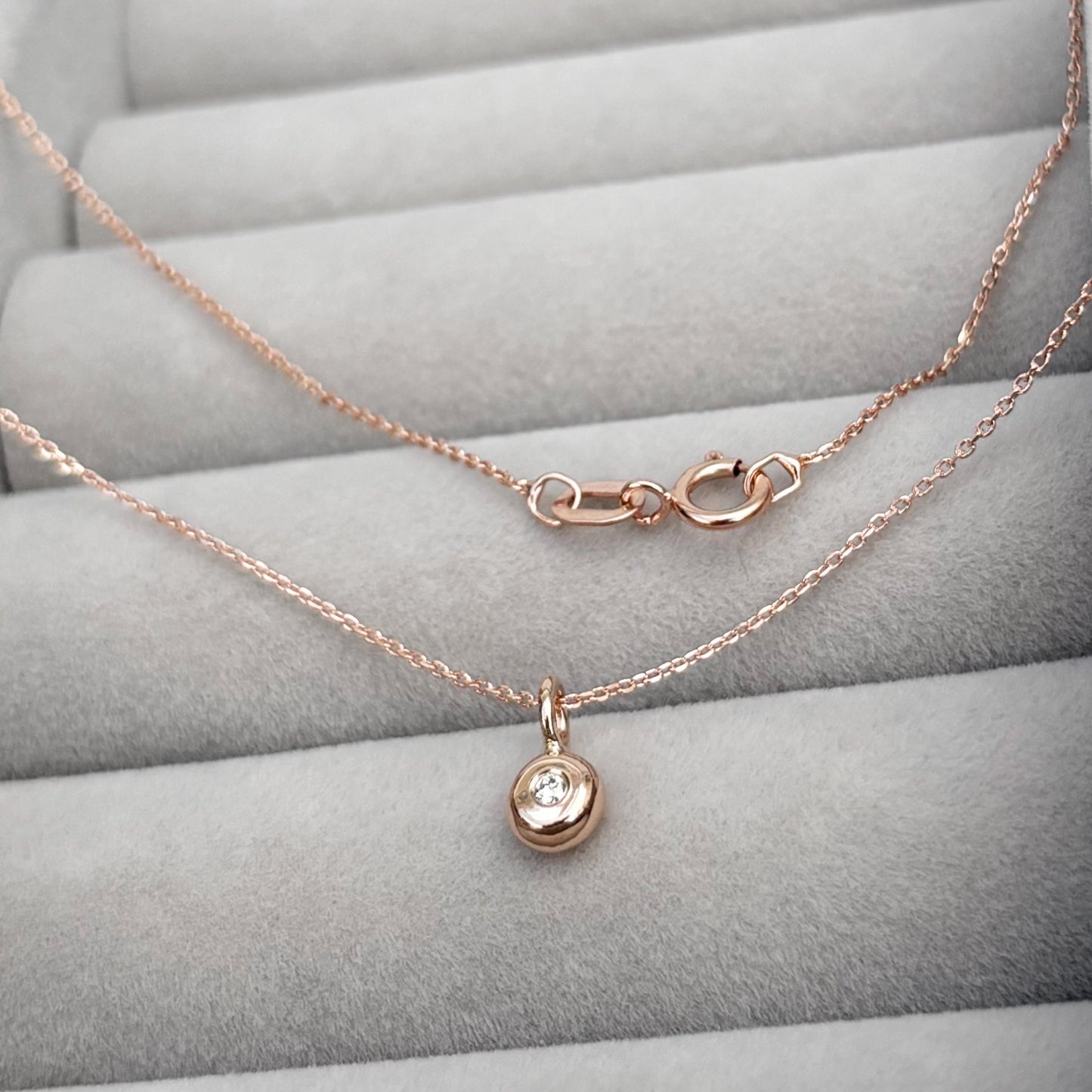 New listing - Handmade solid 9ct rose gold teeny tiny diamond nugget charm pendant on a fine filed trace chain