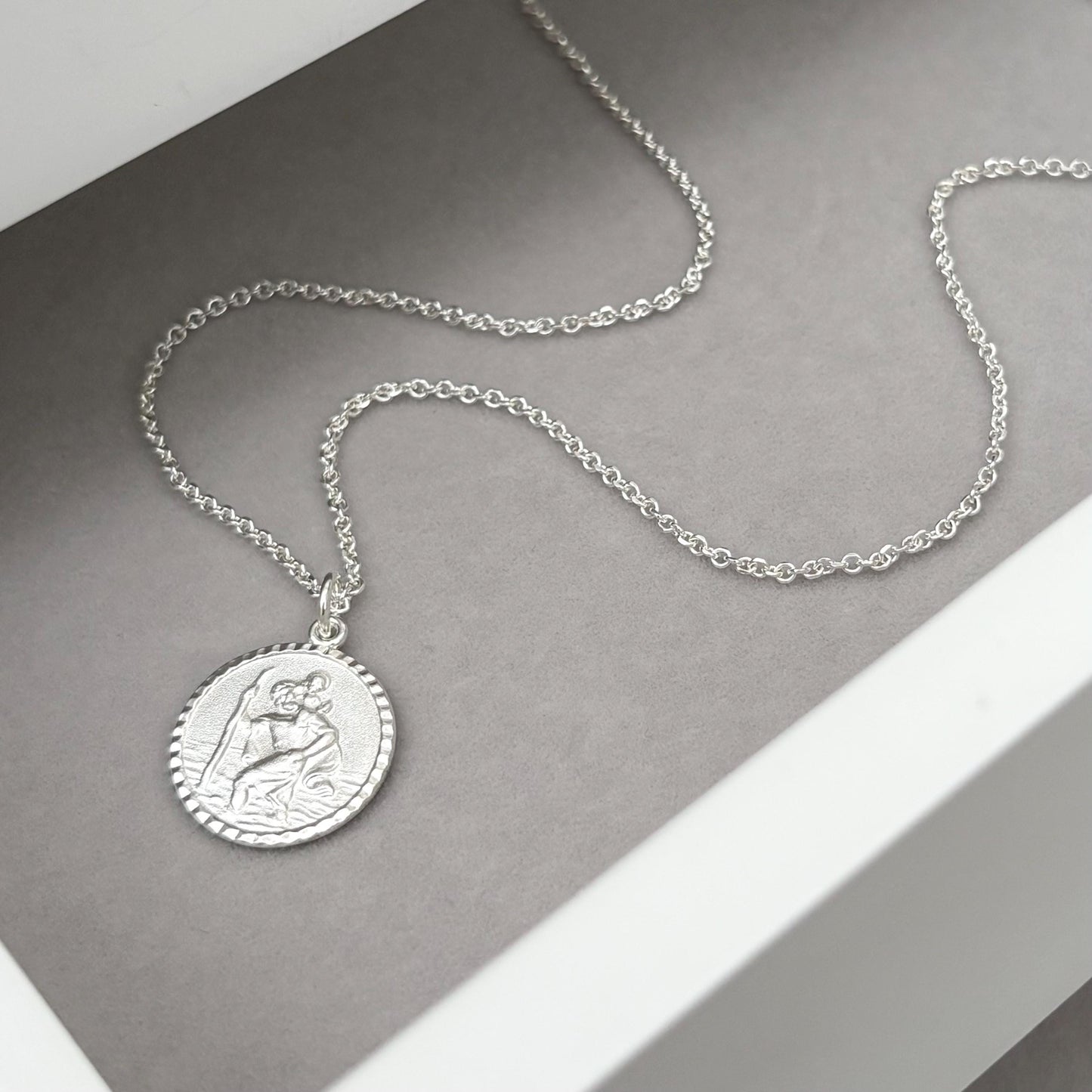 Sample sale - Solid sterling silver round Saint Christopher pendant on a diamond cut trace chain