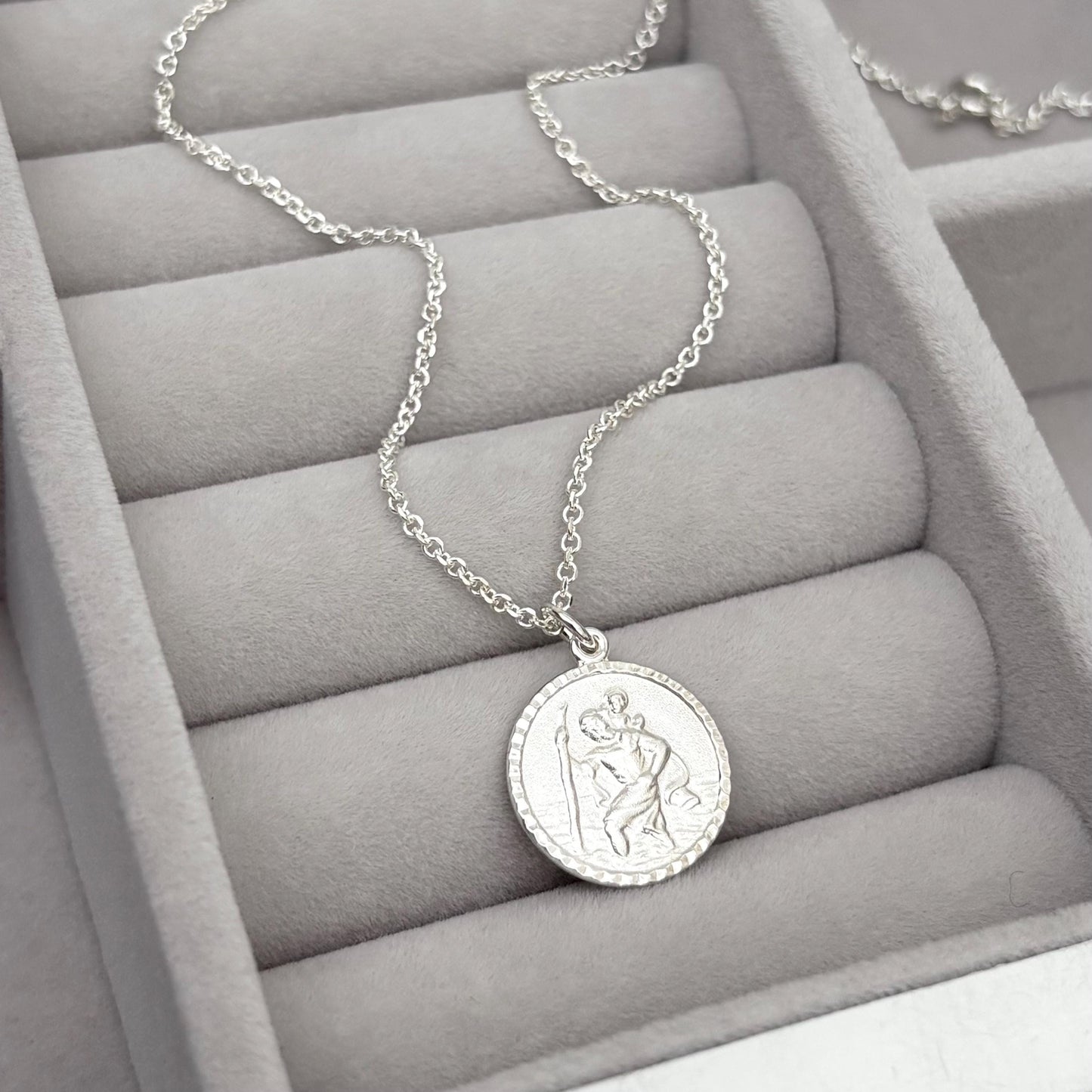 Sample sale - Solid sterling silver round Saint Christopher pendant on a diamond cut trace chain