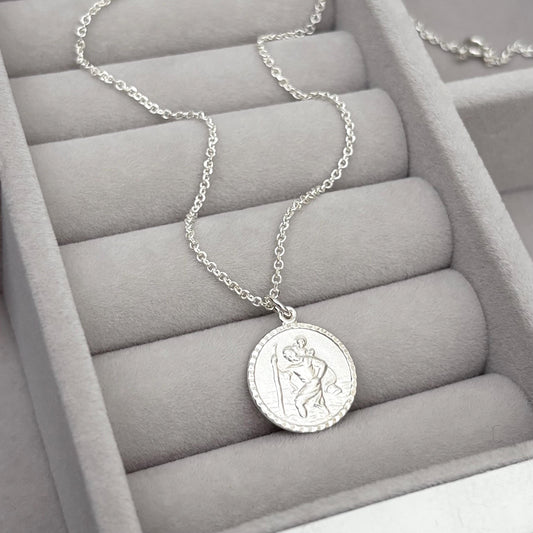 Sample sale - Solid sterling silver round Saint Christopher pendant on a diamond cut trace chain
