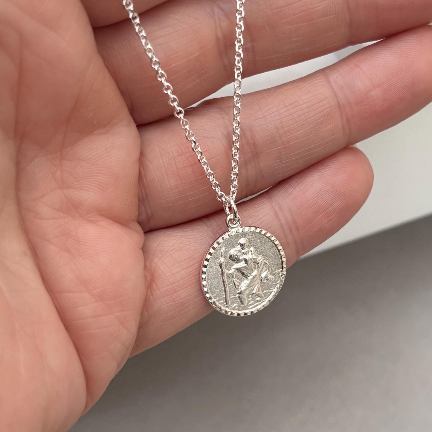 Sample sale - Solid sterling silver round Saint Christopher pendant on a diamond cut trace chain
