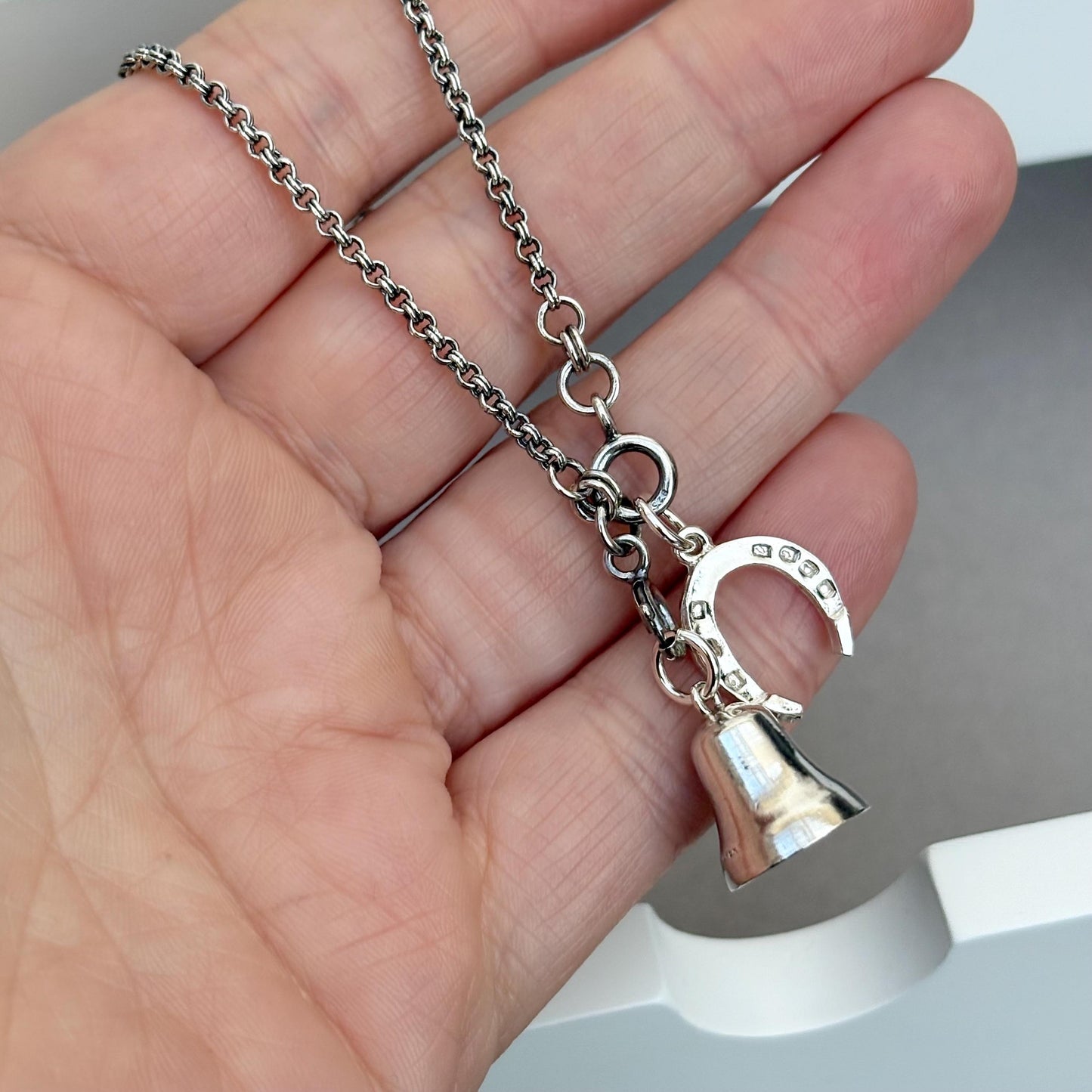 Vintage Silver Bell and Horse Shoe Charms Chain Necklace