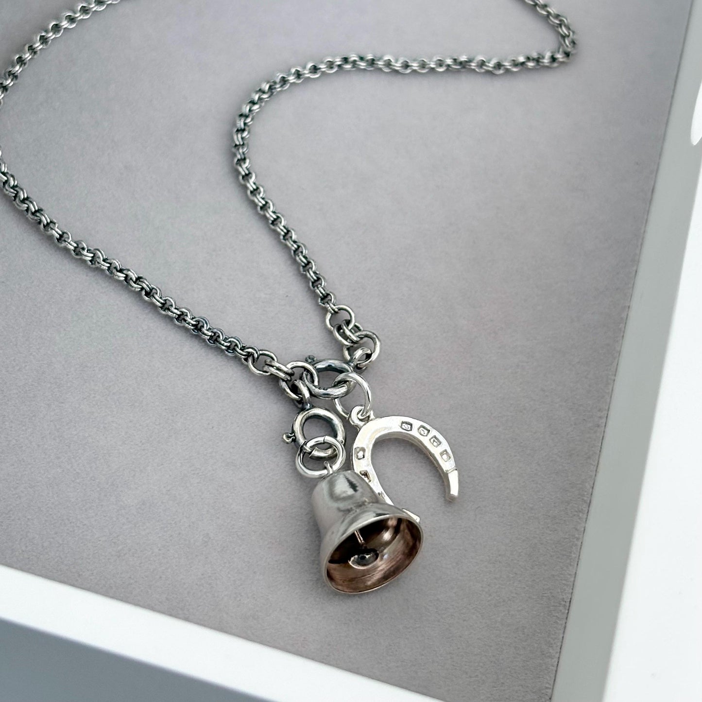 Vintage Silver Bell and Horse Shoe Charms Chain Necklace