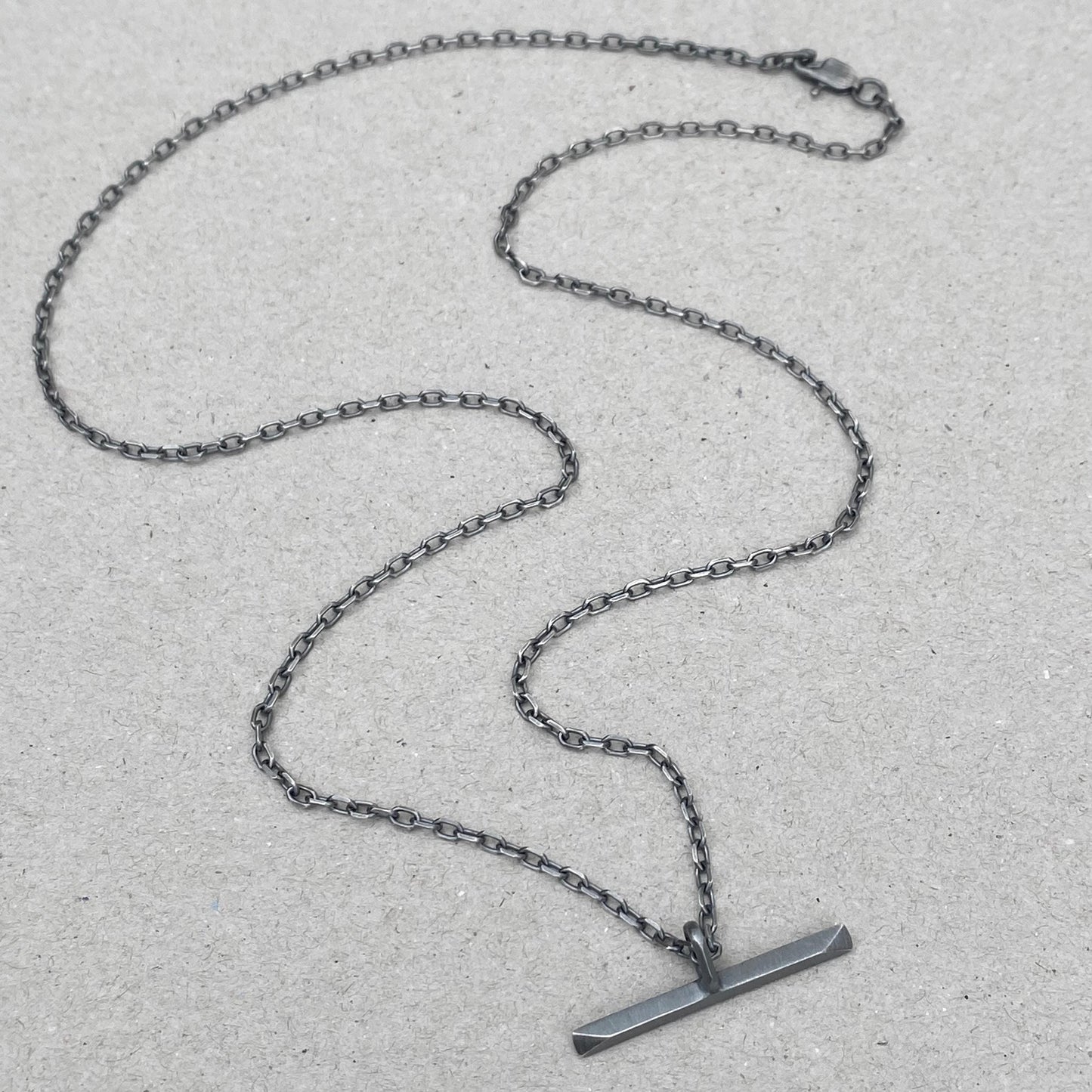 New listing - Oxidised or polished solid sterling silver unique T-bar design pendant on a diamond cut trace chain