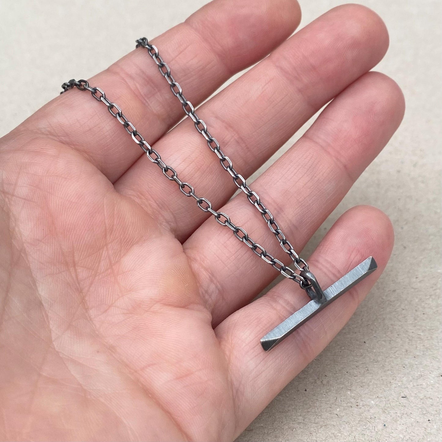New listing - Oxidised or polished solid sterling silver unique T-bar design pendant on a diamond cut trace chain