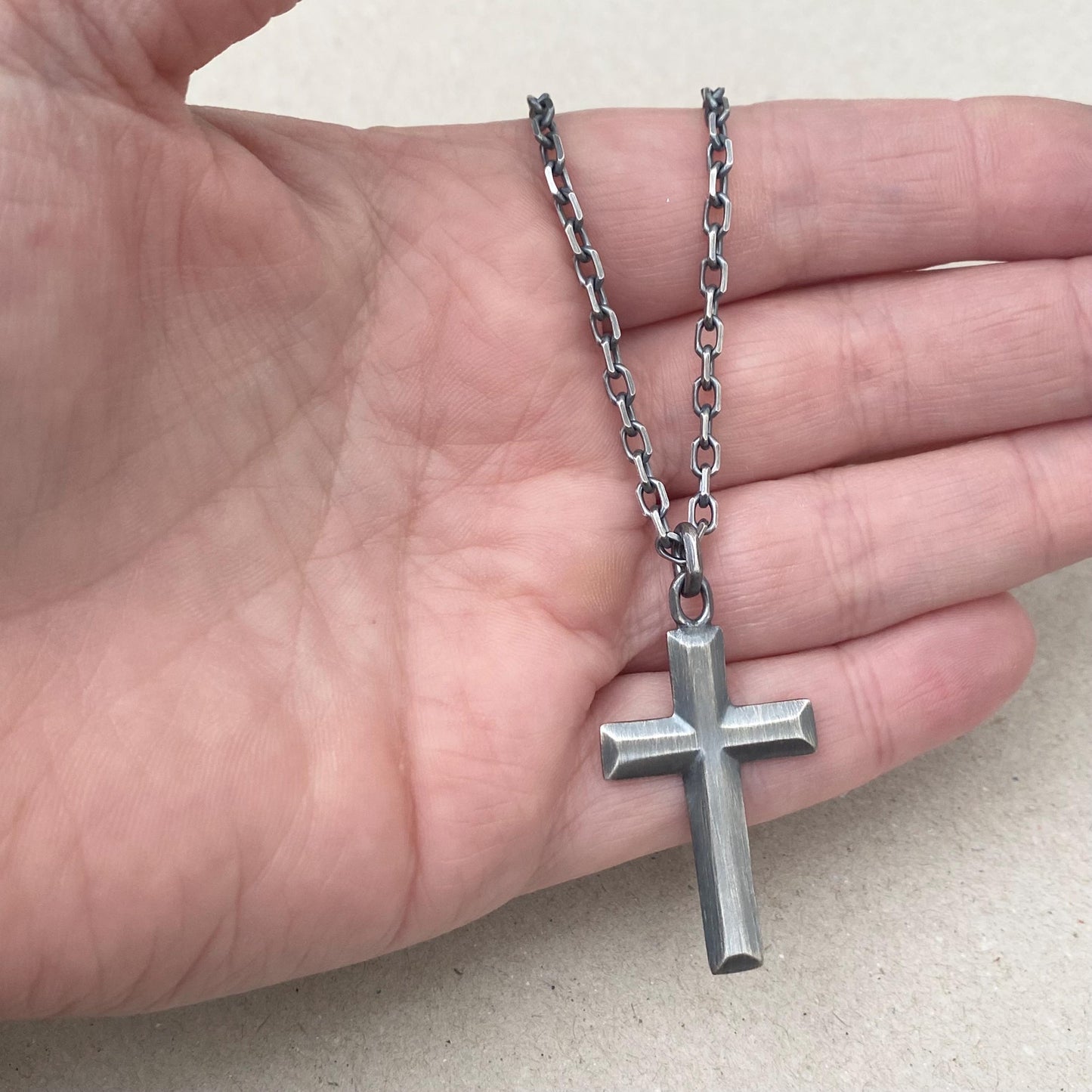 Sample sale - Oxidised solid sterling silver unique large cross pendant and on a diamond cut trace chain