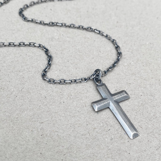 Sample sale - Oxidised solid sterling silver unique large cross pendant and on a diamond cut trace chain