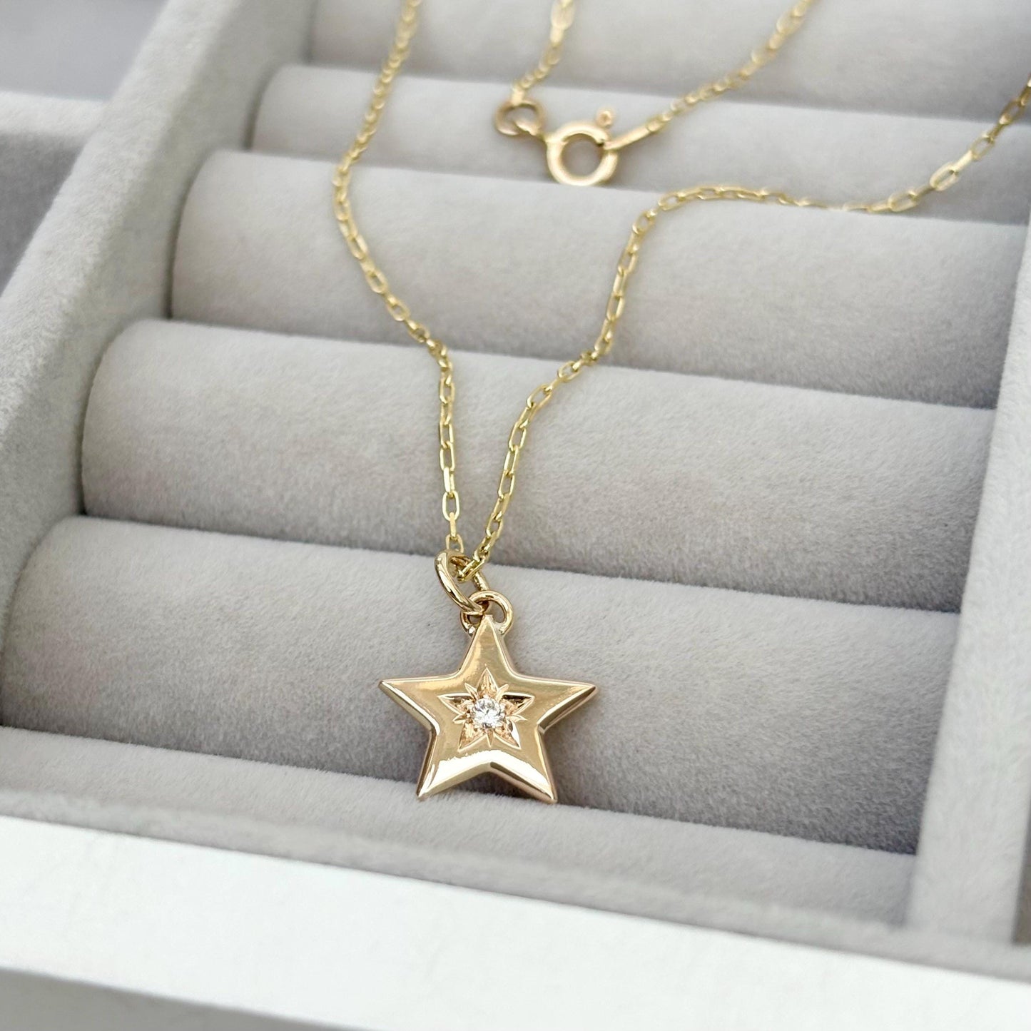 Sample sale - Handmade 9ct yellow gold natural diamond star pendant on a filed trace chain