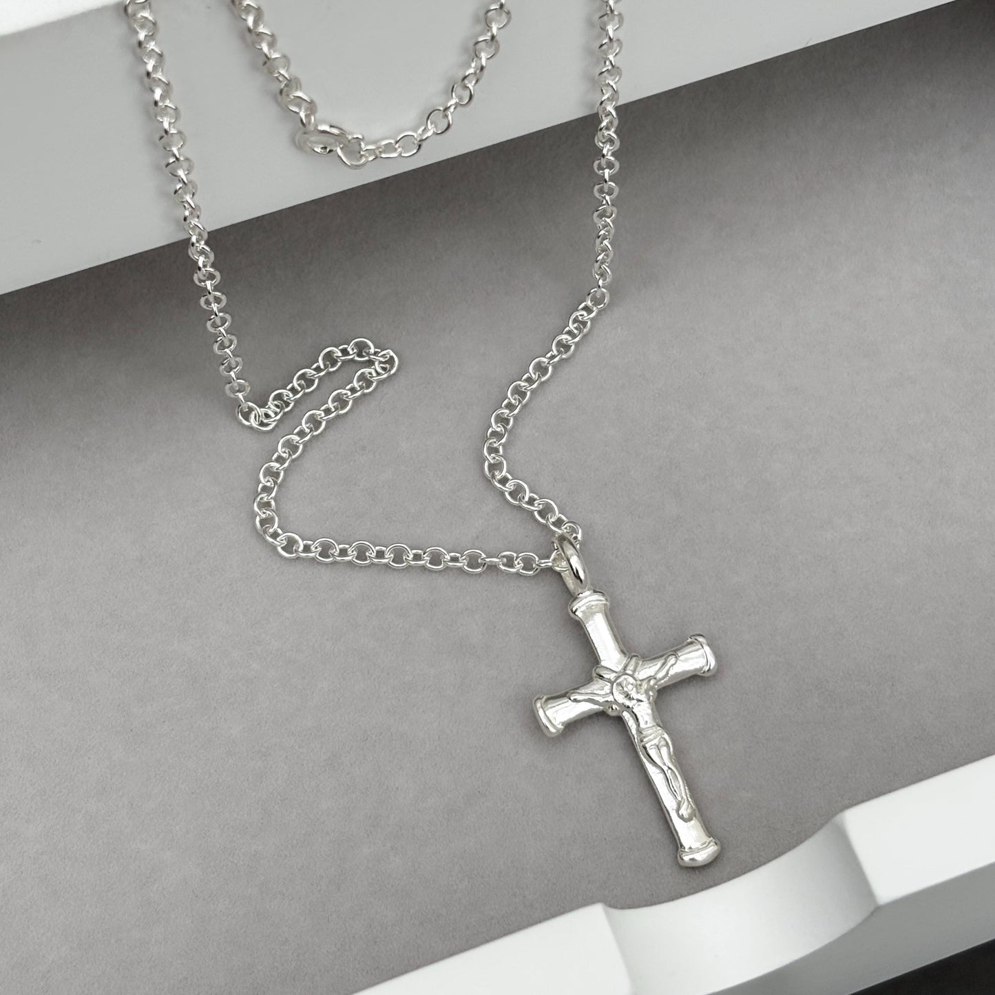 Sample sale - Solid sterling silver crucifix pendant on a trace chain